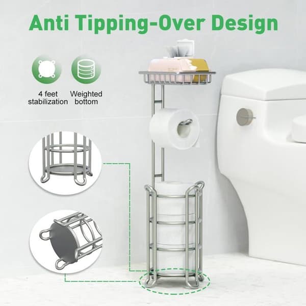 1 toiletpapirholder, opbevaringshylde, rustfrit stål, fritstående stativ, til badeværelset.