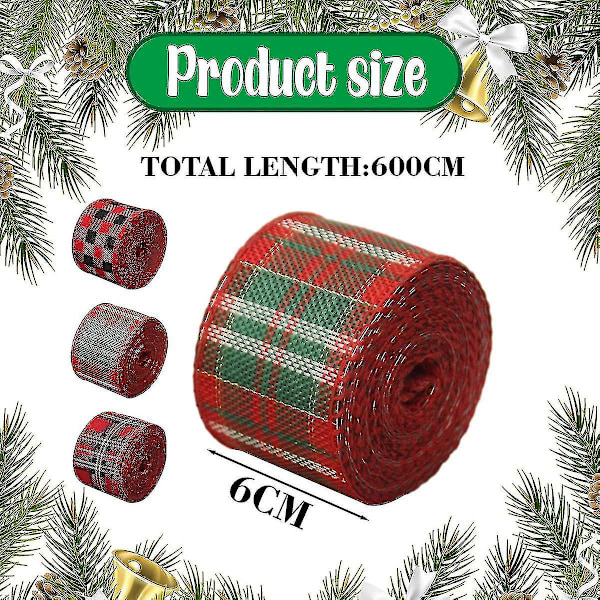 Lilyrose 3 rullar julrutig rutig band, 6 m varje rulle polyester vävd kant gingham band för julpyssel, presentinslagning（Stil 1）