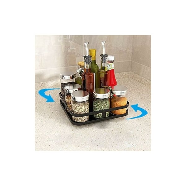 Sort roterende køkkenkrydderistativ, køkkenopbevaringsstativ, pladespiller i rustfrit stål, Lazy Susan krydderihylde til opbevaring af krukker og krydderier (1 etage, firkantet)