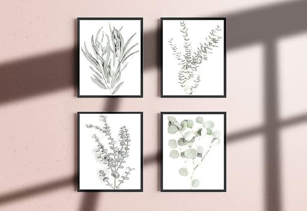 Botaniska väggkonsttryck - Set med 4 väggdekorationer med växter, blommor, blad, köksblommor, blad, väggkonst, boho-blad, eukalyptus (oramad) (8x10)
