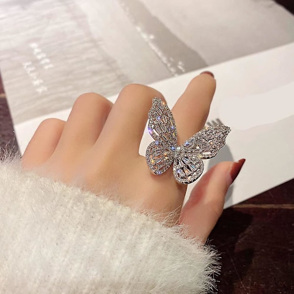 Stor Fjärilsring för Kvinnor Glittrande Fjärilsring Justerbar Kubisk Zirkonia Ring Fjärils Smycken Halloween Jul Födelsedagspresent till Hennes (si