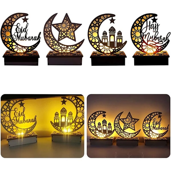Eid Mubarak Natlampe LED Ramadan Dekorativ Lampe Træ Kunsthåndværk Lys Muslim Islam Træ LED Lampe