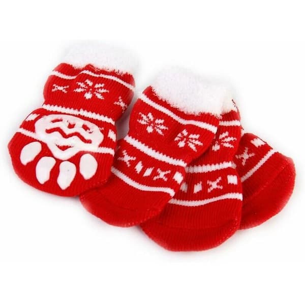 4-pack halkfri strumpor med snöflinga och tassavtryck för husdjur - Medium