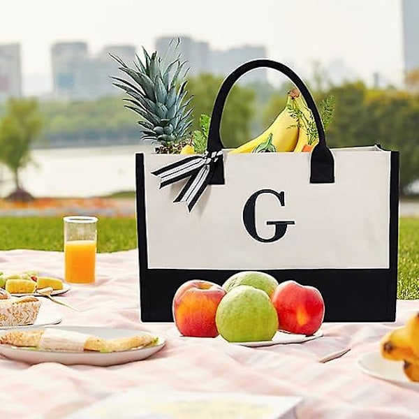 Personalisert Initial Lerret Strandveske, Monogrammert Gave Tote Bag For Kvinner