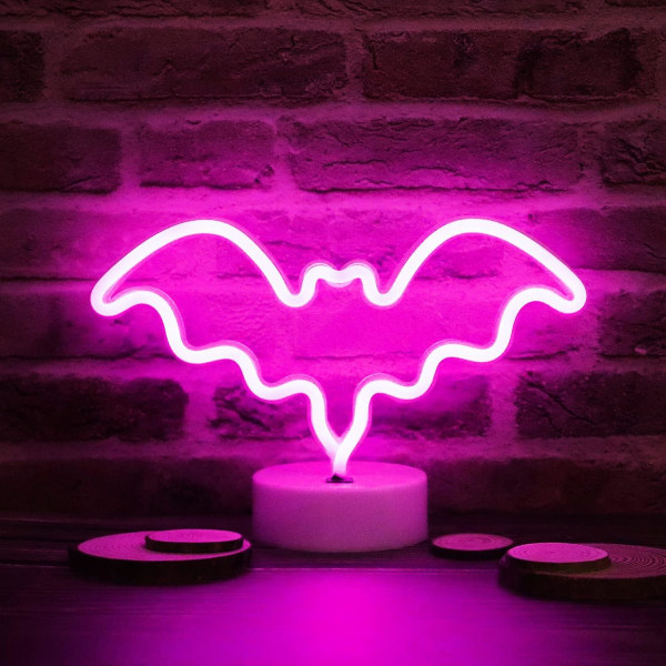 Led Neon Bat Ljus Halloween Dekorationer, Bat Form Neon Skyltar Nattljus Batteridriven Skrivbordslampa För Sovrum, Spöklik Dekor-Bat Med Hållare