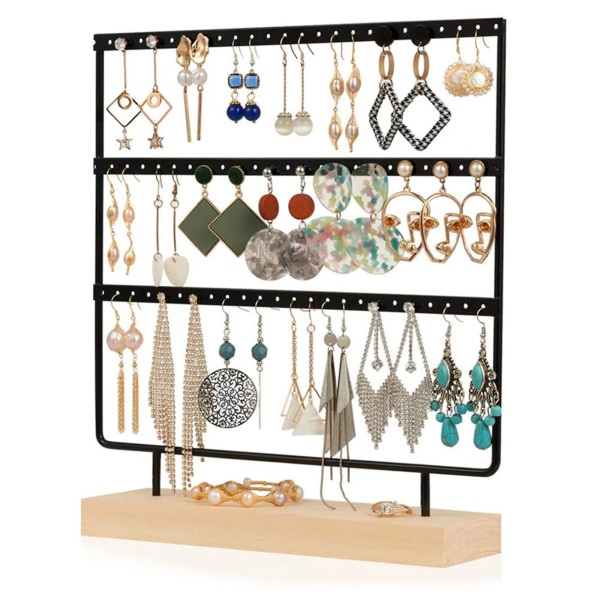 Örhängen Organizer Smycken Display Stand, 3-lagers örhängehållare för örhängen Halsband Armband och ringar, 66 hål Svart