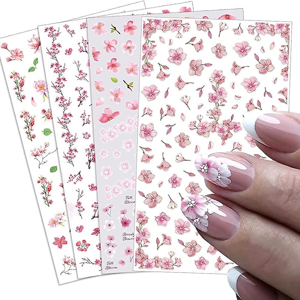 Flower Nail Art Stickers Decals 4 Sheets White Cherry Blossoms Nail Art Supplies 3d Self-adhesive Nail Decorations Accessories Diy Acrylic Nail Art Ap