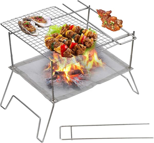 Vikbar lägereldsgrill, bärbar utomhus camping eldstad, camping 304 rostfritt stål nätgrill