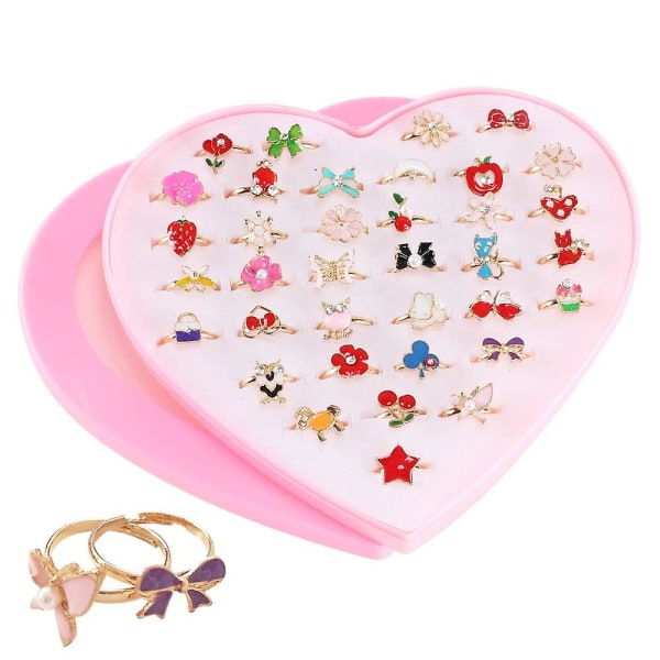 36st justerbara ringar set för flickor Prinsess smycken fingerringar för barn födelsedagsfest med hjärtformad ask
