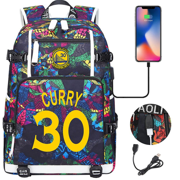 Curry 30 USB hörlurar Skolväska för ungdomar - Basketstjärndesign för studenter - Reseryggsäck för män/kvinnor1
