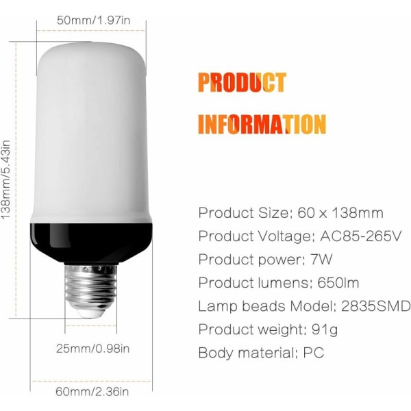 2-pak flamme-pære E27 LED-pærer 4 tilstande med tyngdekraftsensor flamme-pære til jul/halloween/bar/festdekoration