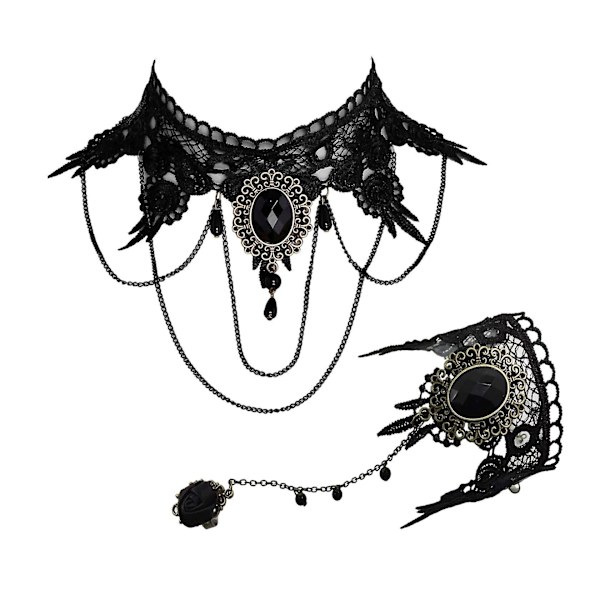 2 st Vintage Spets Halsband Armband Set Svart Goth Halsband Krage Halloween Smycken