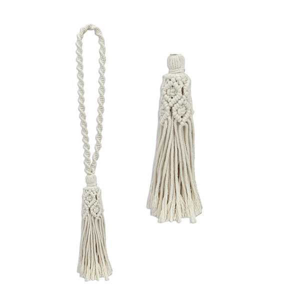 2-pack Boho gardinbindningar Beige handgjorda gardinsnöre med tofsar
