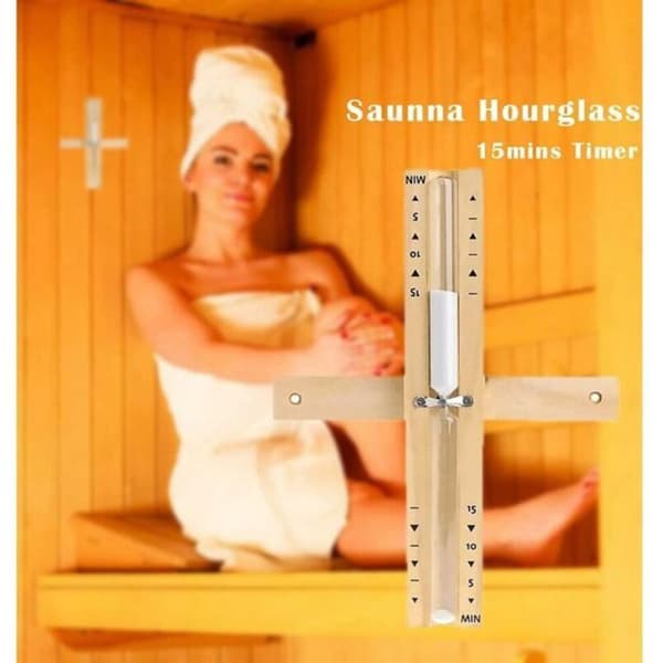Sauna-timeglas i træ (15 minutter), tilbehør med hvidt sand og monteringsskruer.