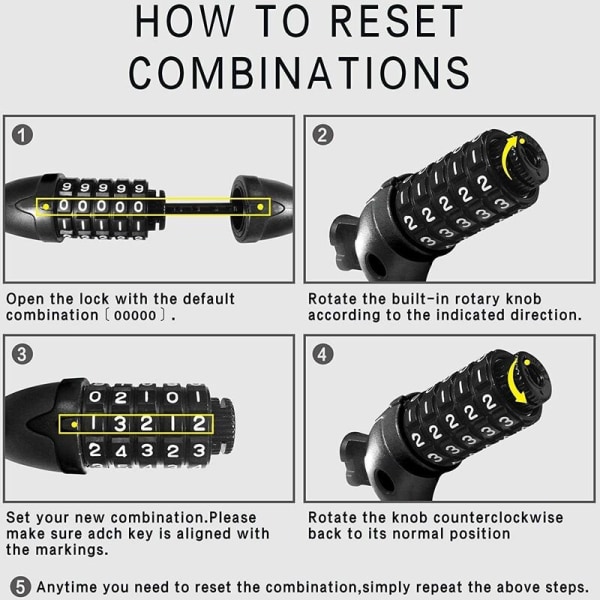 Cykellås 150cm/12mm Ultra Høj Sikkerhed Kabellås med 5 Cifret Kombinationslås Cykelstativ Cykellås Tricykel Scooter Cykellås