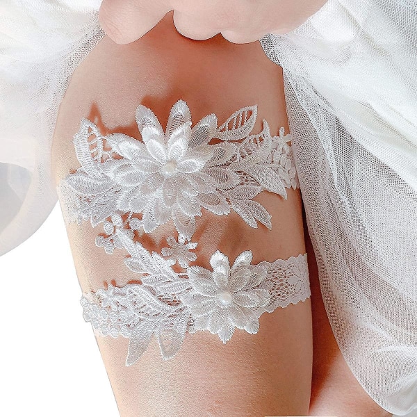 Bröllopsstrumpor för brud Daisy Lace Bridal Garter Hand Sewn Faux Pearls Garter Set 2 stycken, Vit, One Size