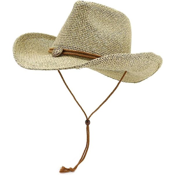 Utomhus cowboy halmhatt bred brättad solhatt med vindtät snöre som andas casual strandhatt (khaki färg)