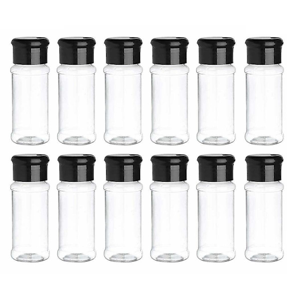12-pack plastburkar för kryddor med lock, 100 ml kryddförvaringsbehållare flaska kryddburkar för salt och peppar