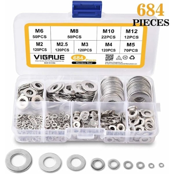 Brickor-684 brickor 9 storlekar av brickor i rostfritt stål och låsbrickor (M2 M2.5 M3 M4 M5 M6 M8 M10 M12) (Silver)