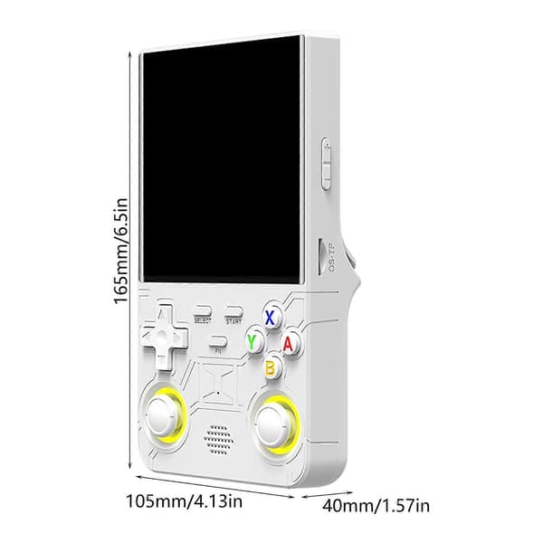 Lättviktig, open-source retro handhållen spelkonsol, 128 GB lagring, smidig emulering, plattformsoberoende, vit.