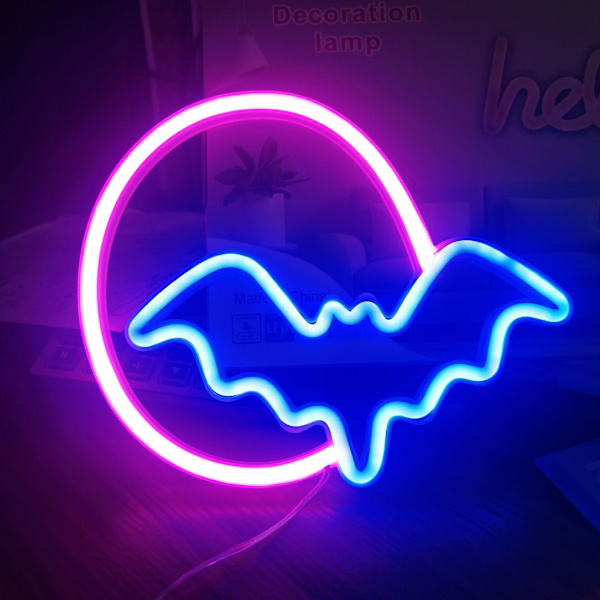 Måne och fladdermus LED-neonljus, neonljusskylt för vägg USB/batteridriven LED-neonljusskylt för väggdekor, sovrum, barnpresenter, vardagsrum,