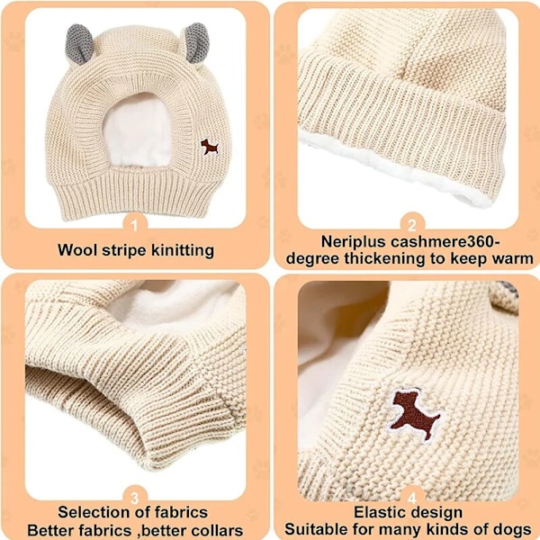 Stille hundeører, støjisolerende hundehatte, strikkede hundehatte, varme hundeører, vinterhatte, hundetubeskær, kaninklæder, til mellemstore hunde, beige
