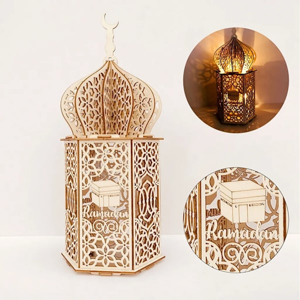 3 st Eid Mubarak muslimsk LED-ljusljusset Ramadan-lampa dekor trälykta 35*15cm muslimsk islamfest DIY LED-lykta lampa