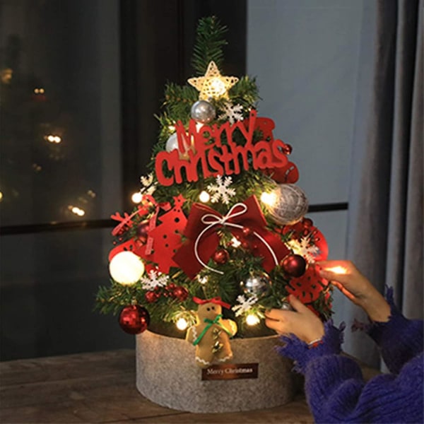 Dekorativt träd, konstgjord bordsjulgran med leddekorationer med bas, upplyst julgran för heminredning