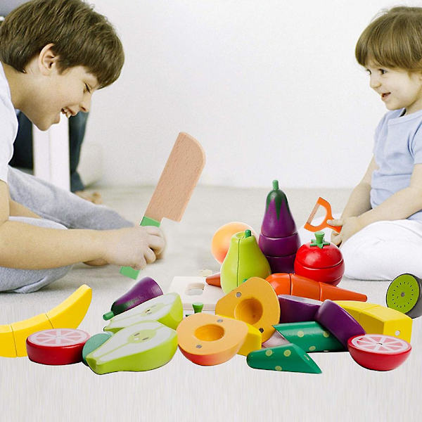 Träkök barnleksak, skuren frukt och grönsaker magnetisk leksak, matlagning mat simulering pedagogisk och färguppfattning för förskolebarn