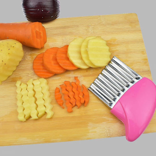 Potatischipsmaskin i Rostfritt Stål med Vågig Kniv, Chipskutter, Vågig Skärare, Grönsakshuggare, Rosa-1