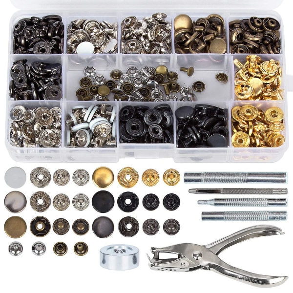146 Set tryckknappar kit + lädernit, tryckknappar tryckknappar, dubbellocknit med fixeringsverktyg för läder