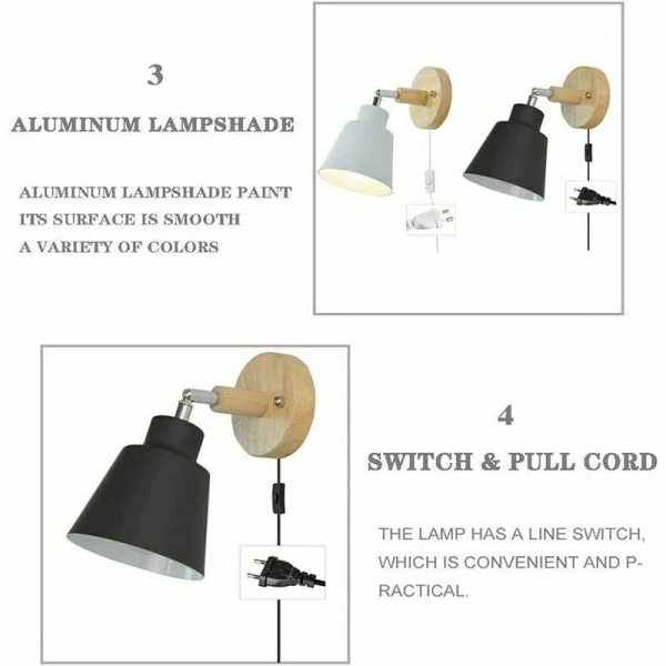 Vägglampa med E27-kabeluttag Fritt roterande läslampa vid sängkanten Vägglampa för inomhusbruk med strömbrytare för spotlight för sovrum och vardagsrum (Vit)