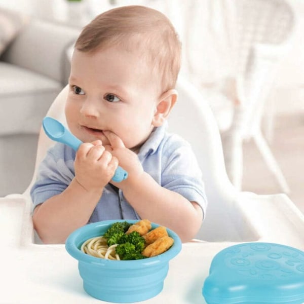 Baby toddler silikonikulhosarja , set itseruokintakulho kannella ja lusikansinisellä