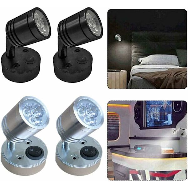 2 st 12V LED Spot Läslampa Vägg Sänglampa Justerbar strömbrytare Husbil e Cylindrisk Flexibel Inredningsbelysning för Båt RV (Silver)