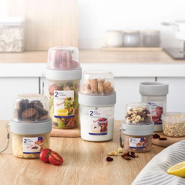 2x Frukost Resmugg Yoghurt Bärbara Muggar Kapacitet Förseglad Dubbelskiktad med Spannmål Havregryn eller Fruktbehållare Matkopp Salladskopp (150+330ml)