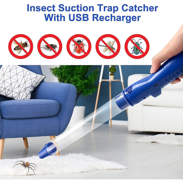 Kraftfull vakuumfångare för insekter, spindel- och insektsfällor med USB uppladdningsbar blå skadedjursbekämpning, handhållen led-ficklampa för insekter