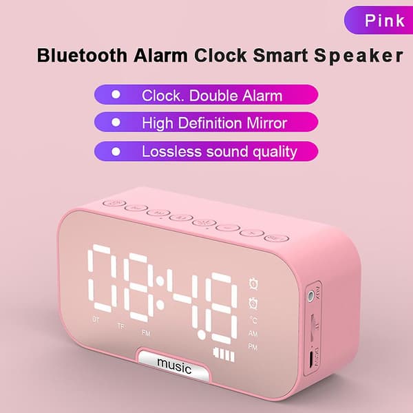 Trådlös Bluetooth-högtalare Spegelklocka Mini Väckarklocka rosa