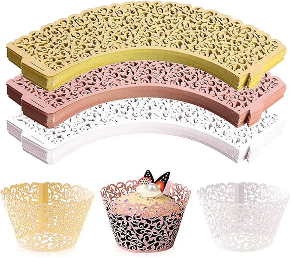 150-pack Cupcake-omslag, spetslaser-skurna foder, pappersbakformar för bröllopsfest födelsedag
