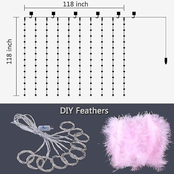 300 LED rosa fjäder ljusslinga med 8 ljuslägen romantisk fjärrkontroll gardin väggdekoration för bröllop födelsedagsfest sovrum inomhus