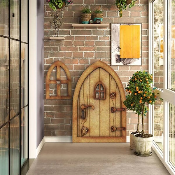 1 set miniatyr gnome dörr dekorativa möbler scen rekvisita konstgjord trä mini stege staket älvdörr för dockhus-C