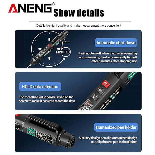 Aneng A3008 Digital 6000 Counts Intelligent Professional Multimeter Sensor Pen Tester Strömmätare