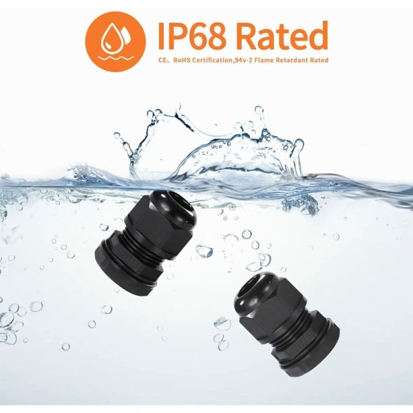 Pakkauksessa 10 IP68 vedenpitävää M12 kaapeliholkkia nylon vedenpitävää kaapeliliitintä lukkomutterilla ja aluslevyllä 3 mm - 6,5 mm kaapelille. (M12)