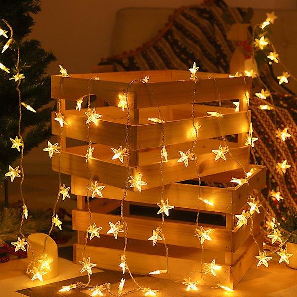 Star Garlands, 5 metriä 50 Led Star String -valot paristolla, lämmin valkoinen, vedenpitävä, koristeelliset tähtivalot sisä- ja ulkokäyttöön