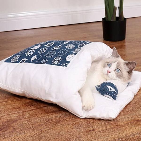 Katt sovsäck, kattsäng ihålig, söt kattsäng med avtagbara kuddar, mjuk husdjursmatta, maskintvättbar husdjurssäng, blått kattmönster-S