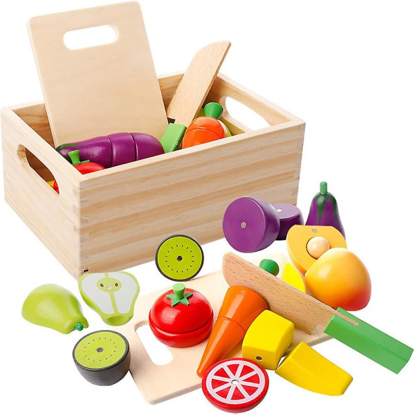 Träkök barnleksak, skuren frukt och grönsaker magnetisk leksak, matlagningssimulering utbildning och färguppfattning för förskott