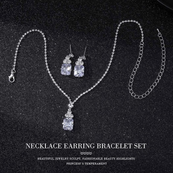 Silverbröllopssmycke set med halsband och örhängen med gnistrande strass och dyrbara föremål