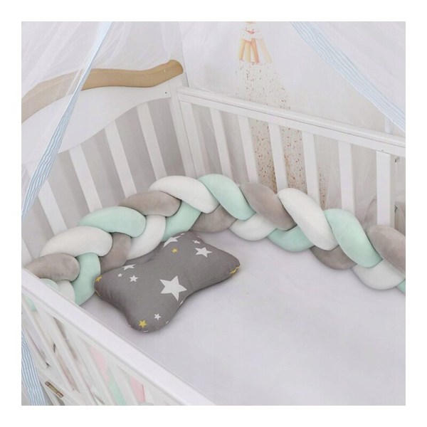 Fyrsträngad handvävd spjälsäng skyddsräcke för baby Enkel anti-kollisionsdekoration säng staket (2M grå vit blågrön)