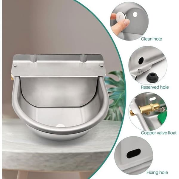 Vattenkopp i rostfritt stål för hästar + 1/2\" flottörventil i mässing, dräneringshål för kor/grisar/getter/får/hundar.