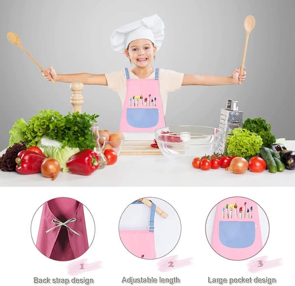 2-pack justerbart målarförkläde med fickor Vattentätt barnförkläde flickor pojkar set (rosa blå)