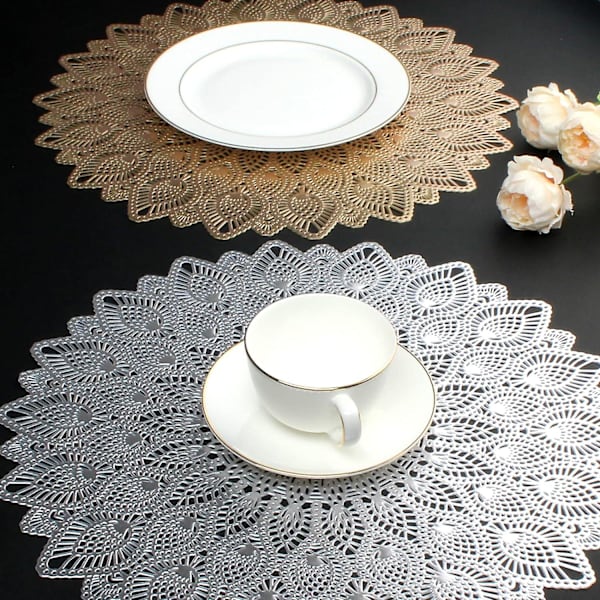 6 st silverfärgade runda placemats, utskurna tvättbara och avtorkningsbara placemats, årsdagsmiddag kök dekorativa bordsmattor